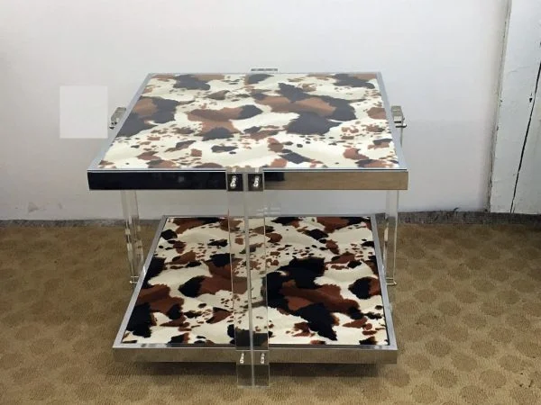 Lucite, chrome & cowhide fabric table |