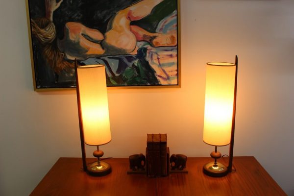 Danish Modern fiberglass shade and walnut lamps