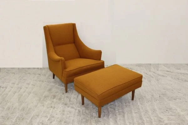 Mid Century Modern Milo Baughman upholstered arm chair and ottoman |