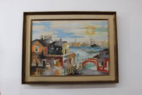 Mid Century Modern colorful painting with 60's frame