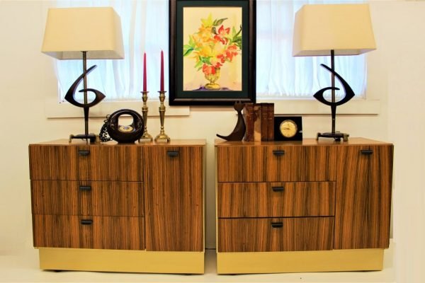 Zebra wood and brass laminate cabinets set of 2|