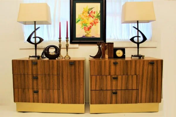 Zebra wood and brass laminate cabinets set of 2|