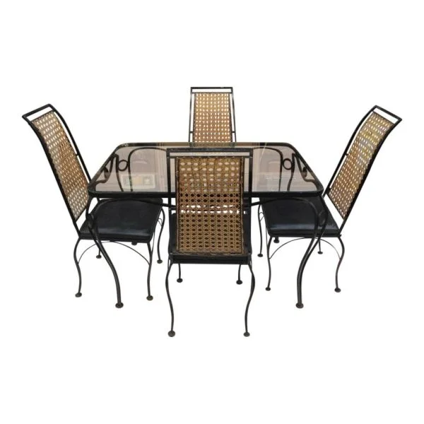 Wrought iron, rattan and glass dinette set |
