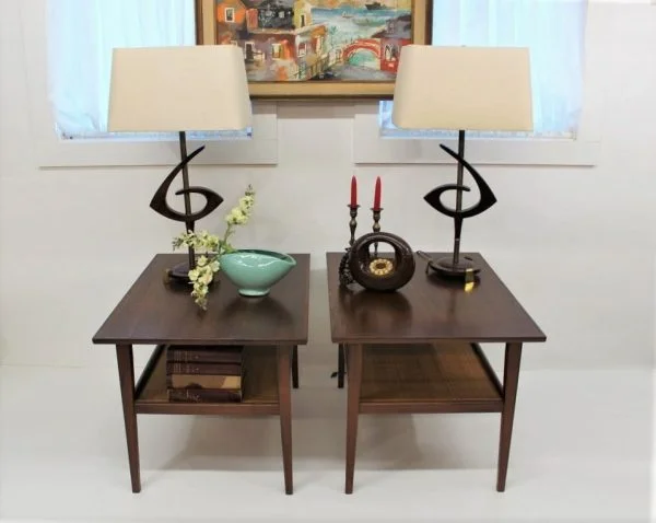 Mid Century Modern wood and rattan end tables a pair |
