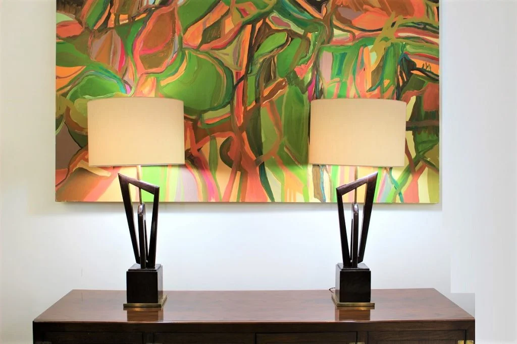 Wood sculptural pair of lamps |