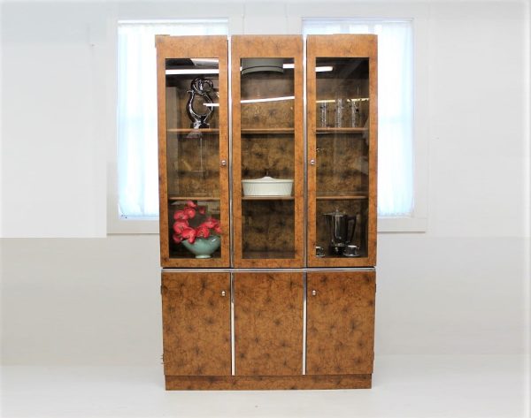 Burlwood and Chrome china cabinet with glass front |