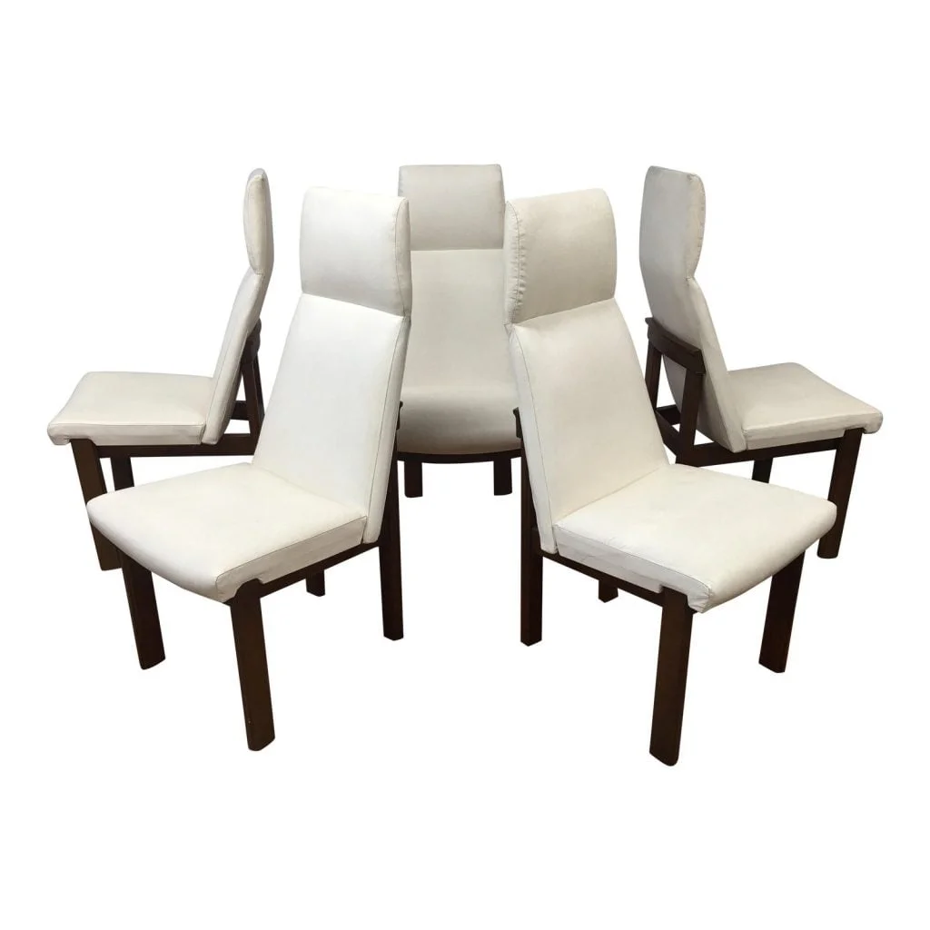 Set of 5 Mid Century Modern High Back Dining Chairs | Adrian Pearsall Style Upholstered White Chairs | Vintage MCM Dining Room Seating