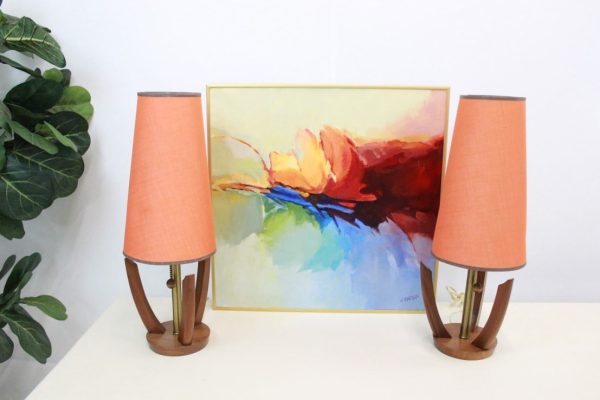 Mid Century Modern wood lamps with orange shades|