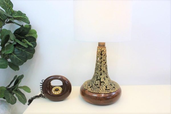 Brutalist brass and wood lamp |