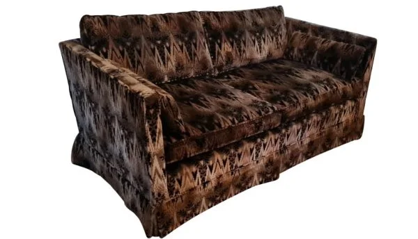 Mid Century Modern tuxedo loveseat Jack Lenor Larsen fabric |