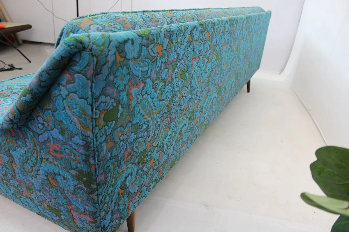 Mid Century Modern Floral Turquoise Sofa - Image 8