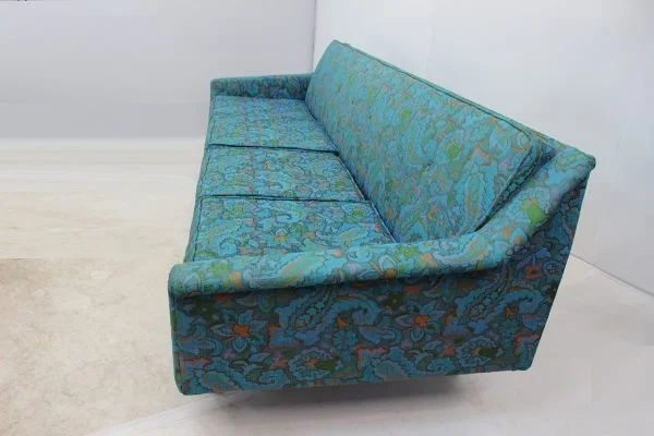 Mid Century Modern Floral Turquoise Sofa - Image 9