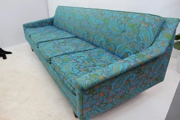 Mid Century Modern Floral Turquoise Sofa - Image 10