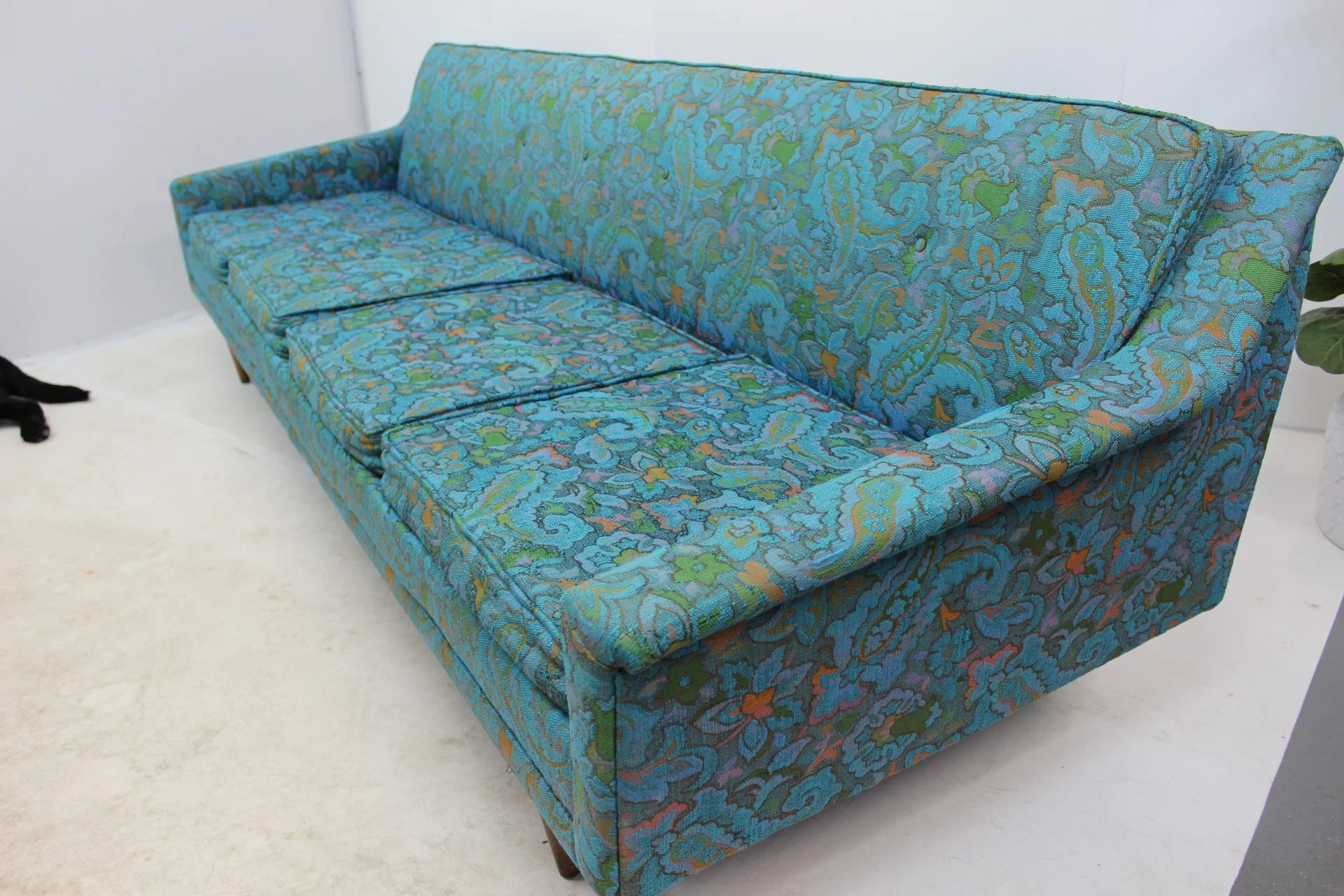 Mid Century Modern Floral Turquoise Sofa - Image 10