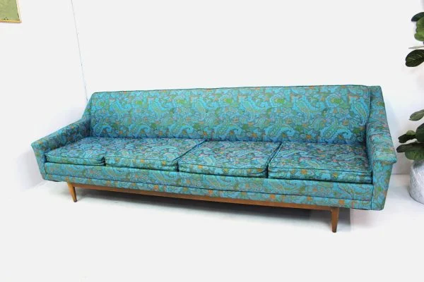 Mid Century Modern Floral Turquoise Sofa - Image 2