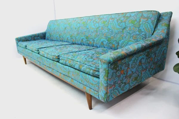 Mid Century Modern Floral Turquoise Sofa - Image 3