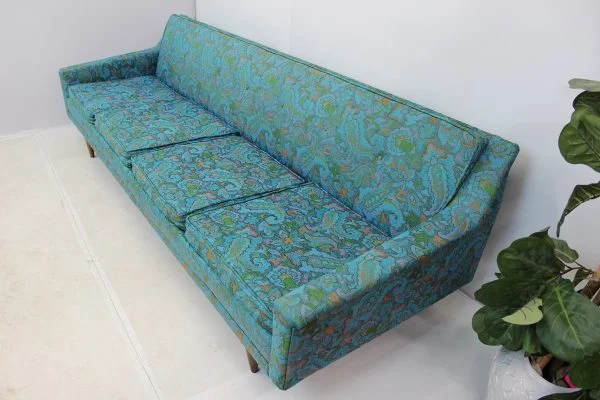 Mid Century Modern Floral Turquoise Sofa - Image 4