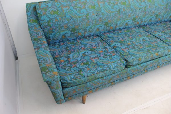 Mid Century Modern Floral Turquoise Sofa - Image 5