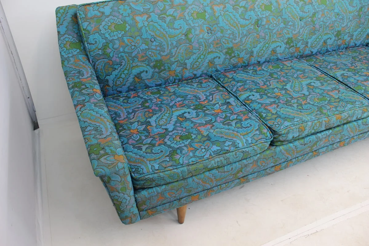 Mid Century Modern Floral Turquoise Sofa - Image 5