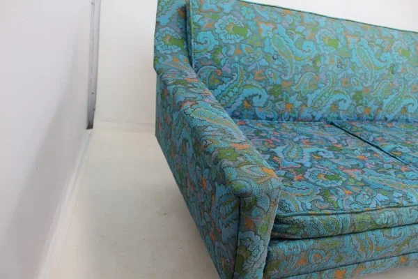 Mid Century Modern Floral Turquoise Sofa - Image 6