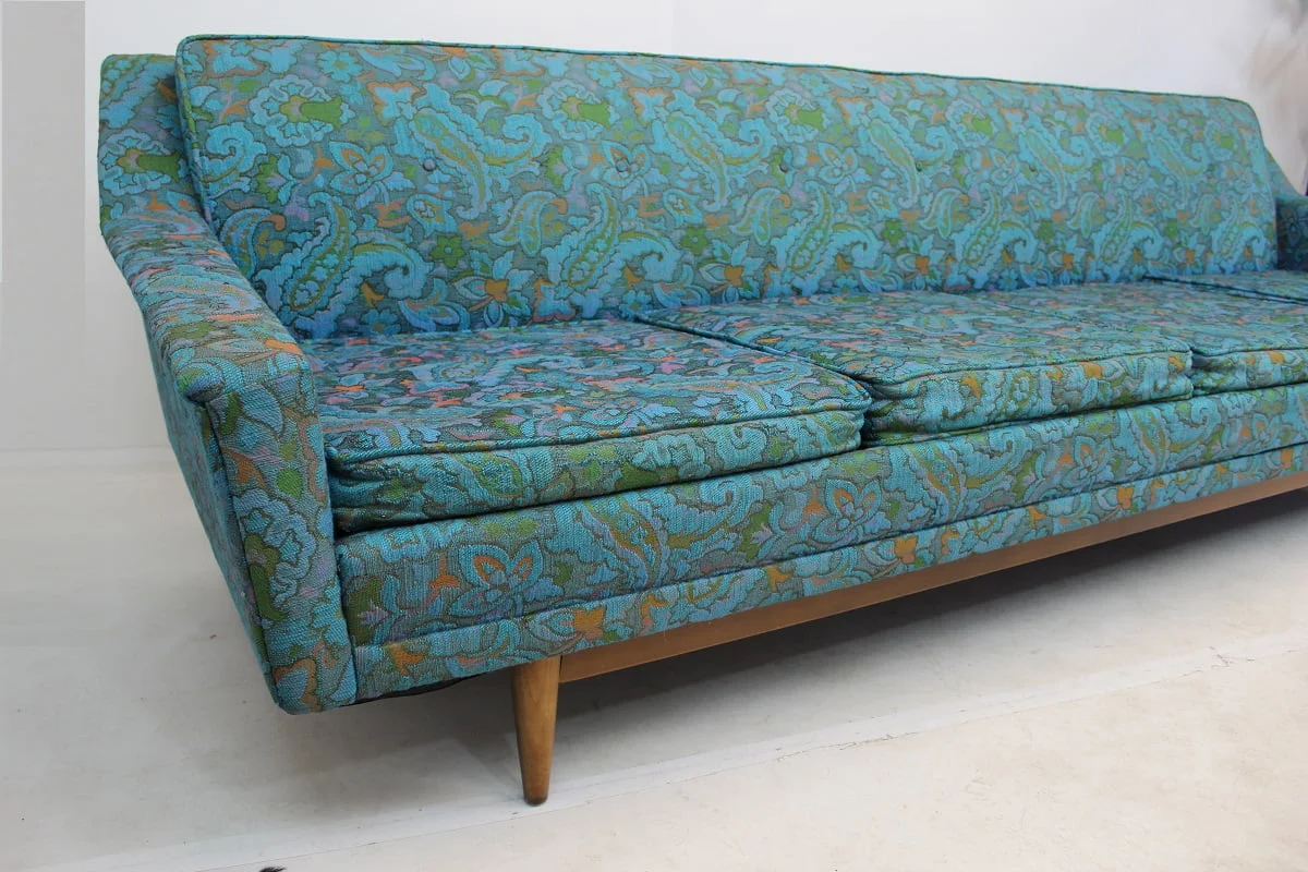 Mid Century Modern Floral Turquoise Sofa - Image 7