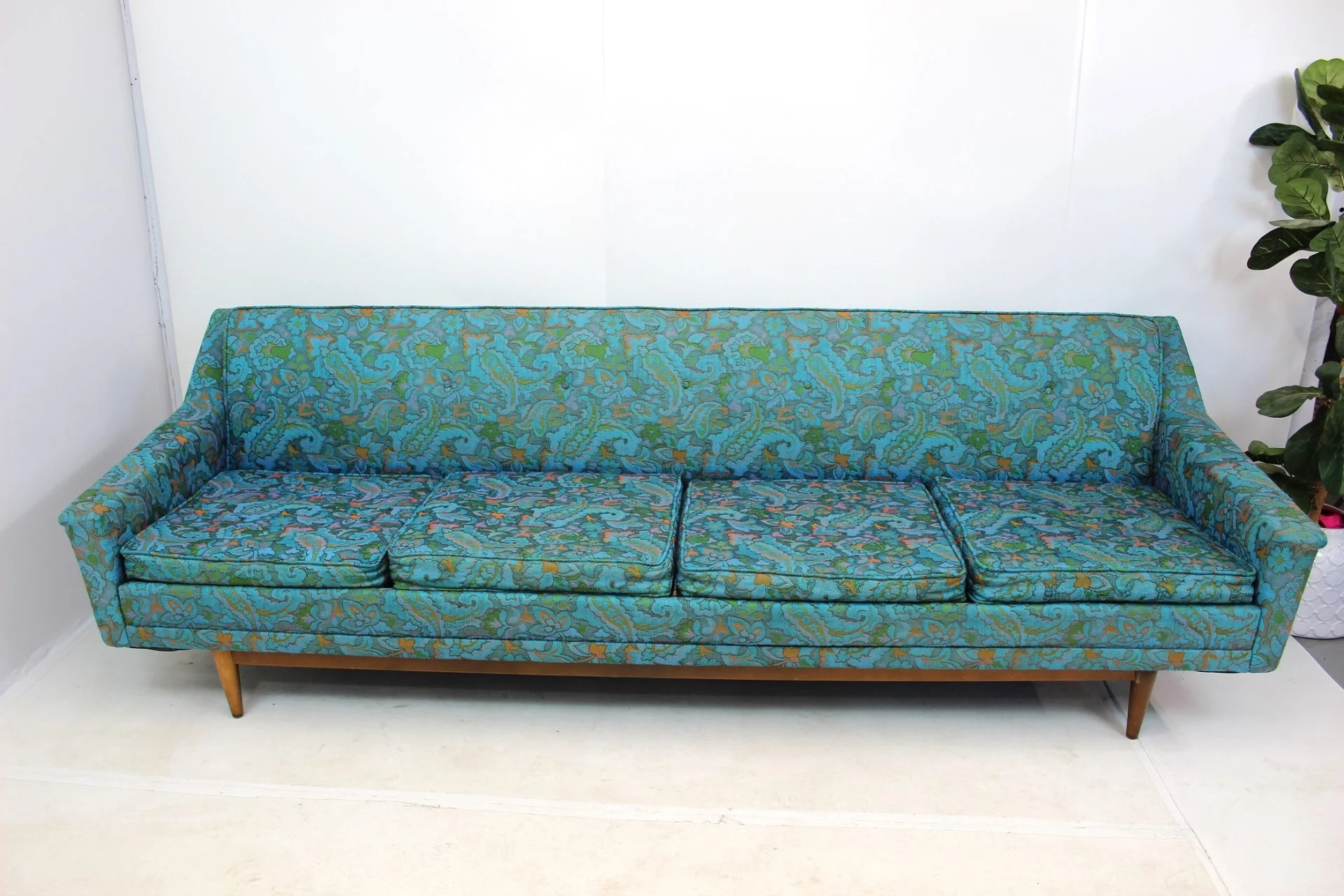 Mid Century Modern Floral Turquoise Sofa