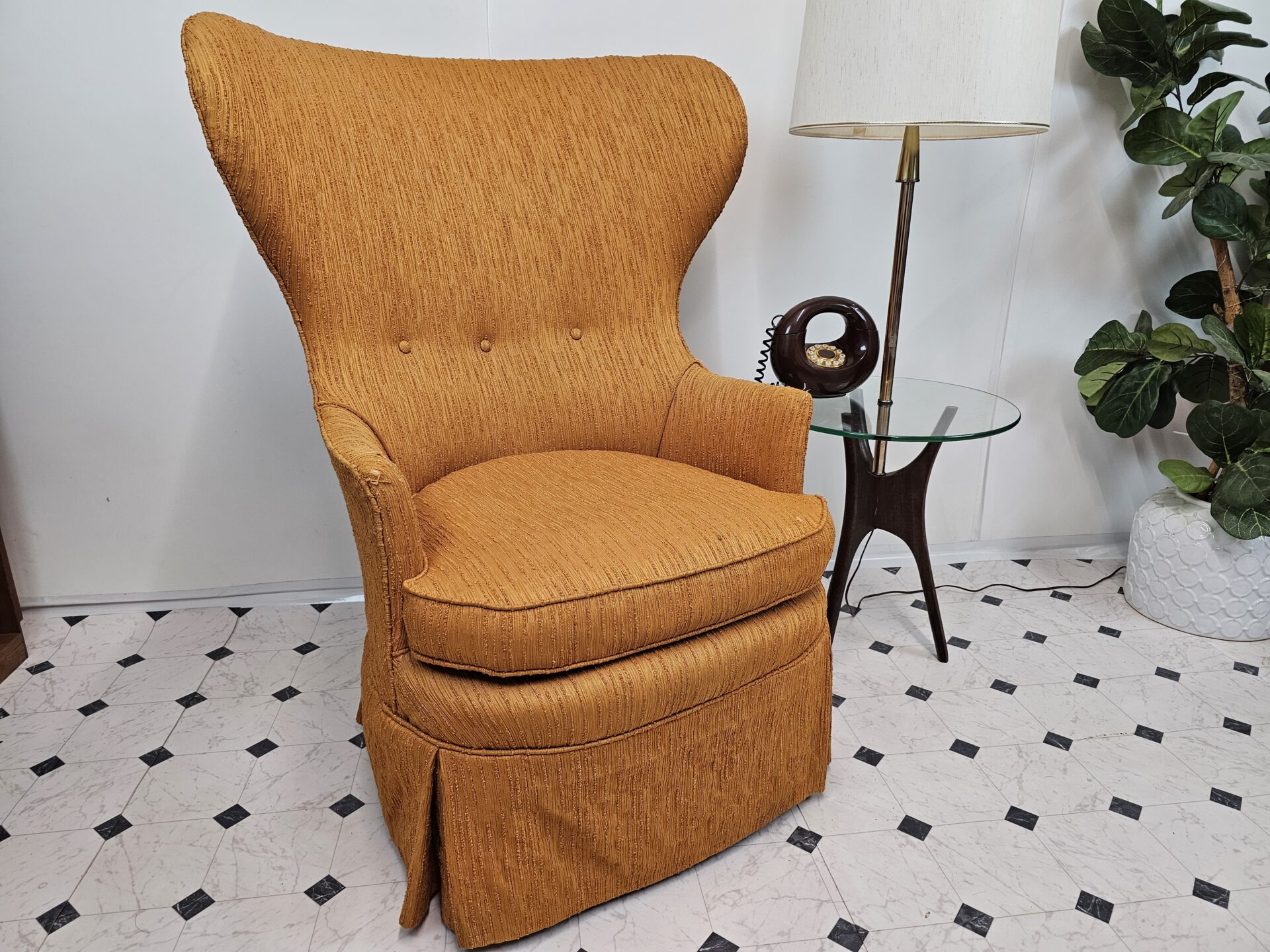 Mid Century Modern Wingback Chair Sculptural, Orange Ribbed Chenille - Image 2