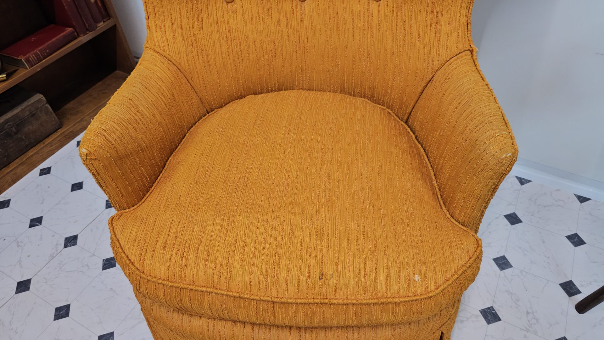 Mid Century Modern Wingback Chair Sculptural, Orange Ribbed Chenille - Image 3