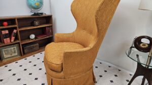Mid Century Modern Wingback Chair Sculptural, Orange Ribbed Chenille