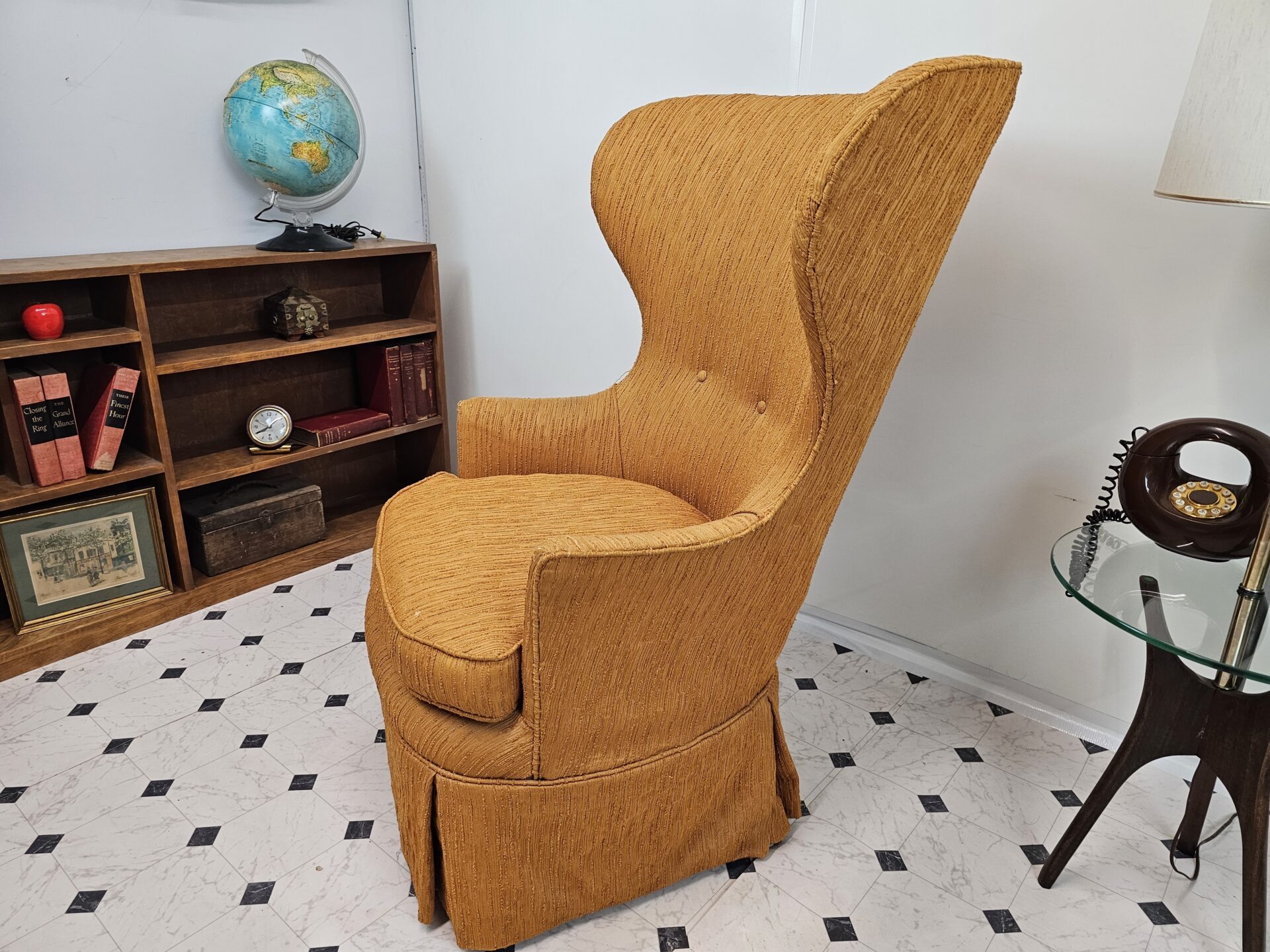 Mid Century Modern Wingback Chair Sculptural, Orange Ribbed Chenille