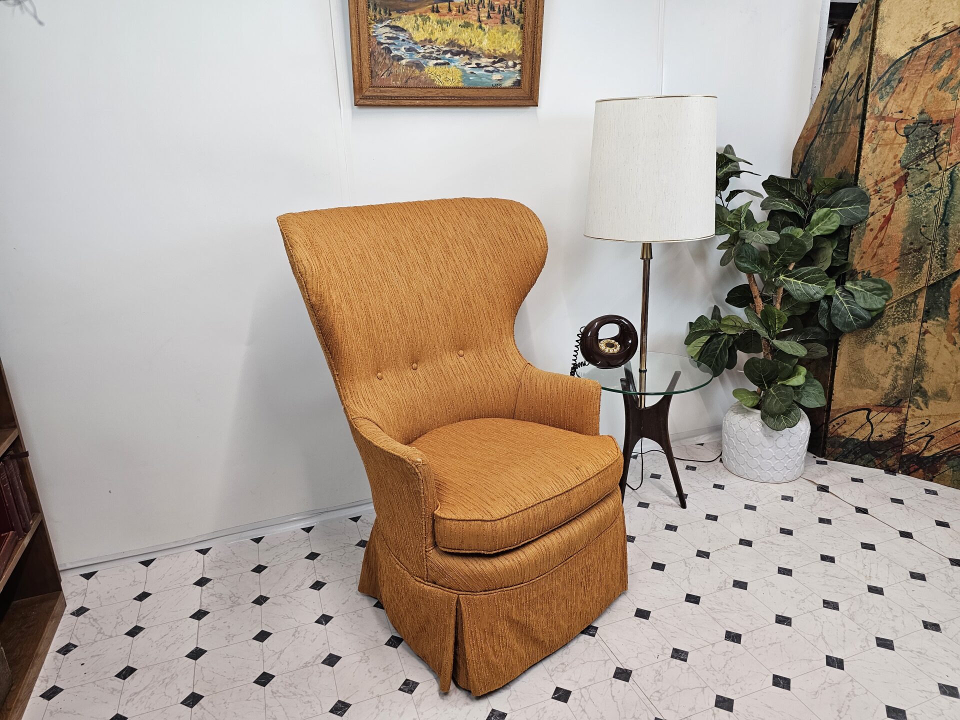 Mid Century Modern Wingback Chair Sculptural, Orange Ribbed Chenille - Image 7