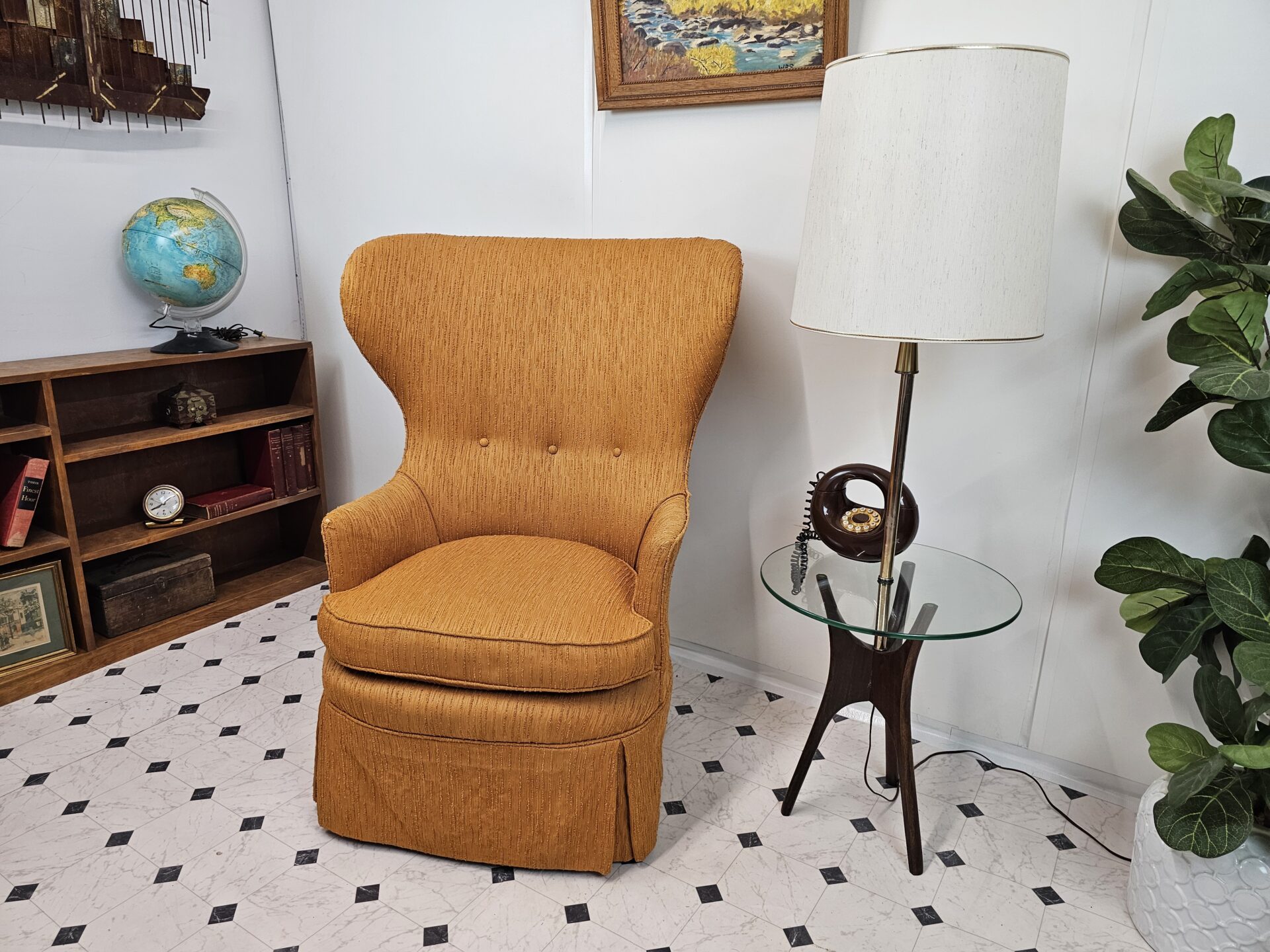Mid Century Modern Wingback Chair Sculptural, Orange Ribbed Chenille - Image 10