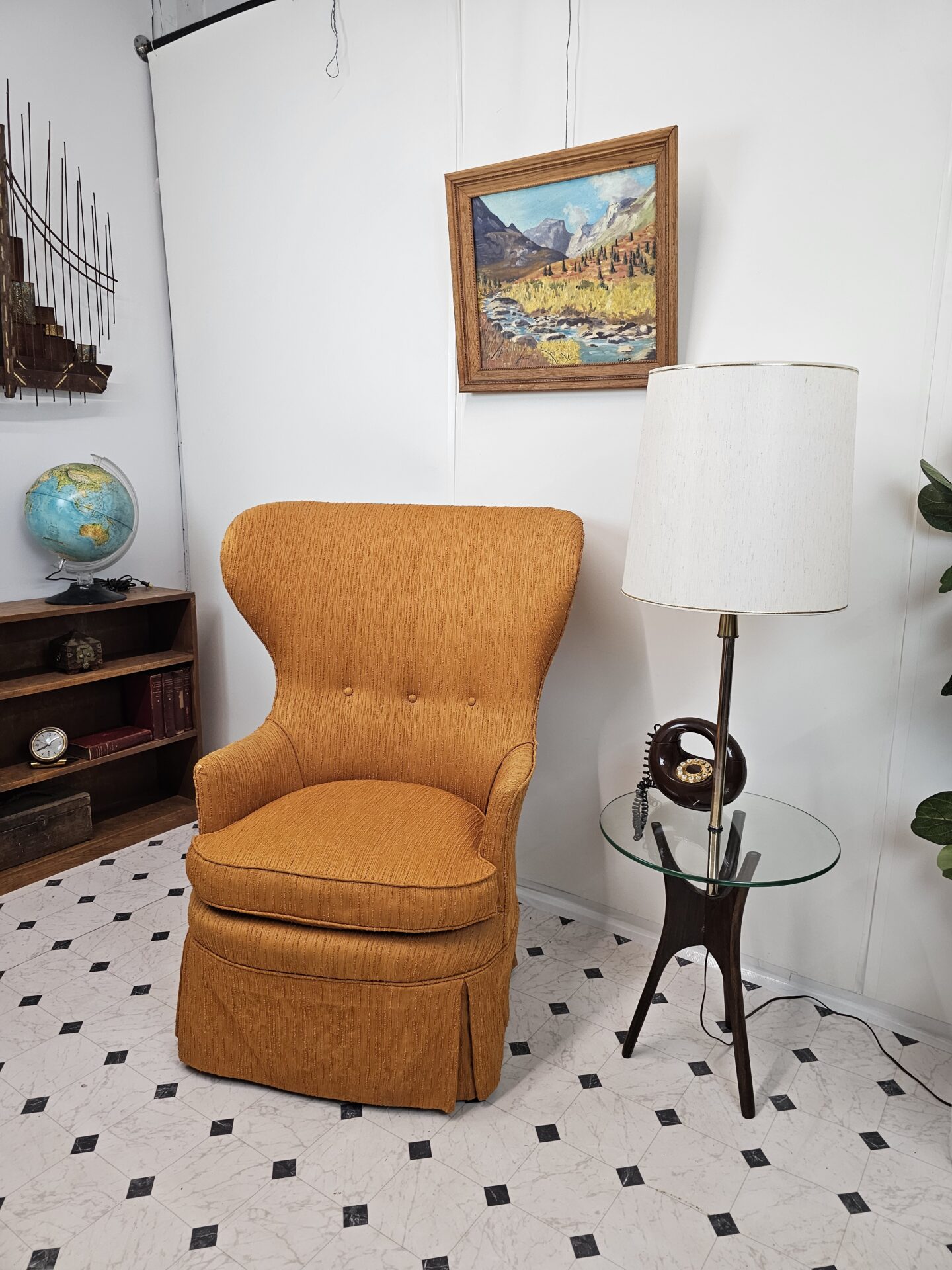 Mid Century Modern Wingback Chair Sculptural, Orange Ribbed Chenille - Image 9