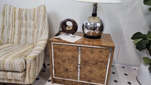 Mid-Century Modern Burlwood & Chrome Nightstand