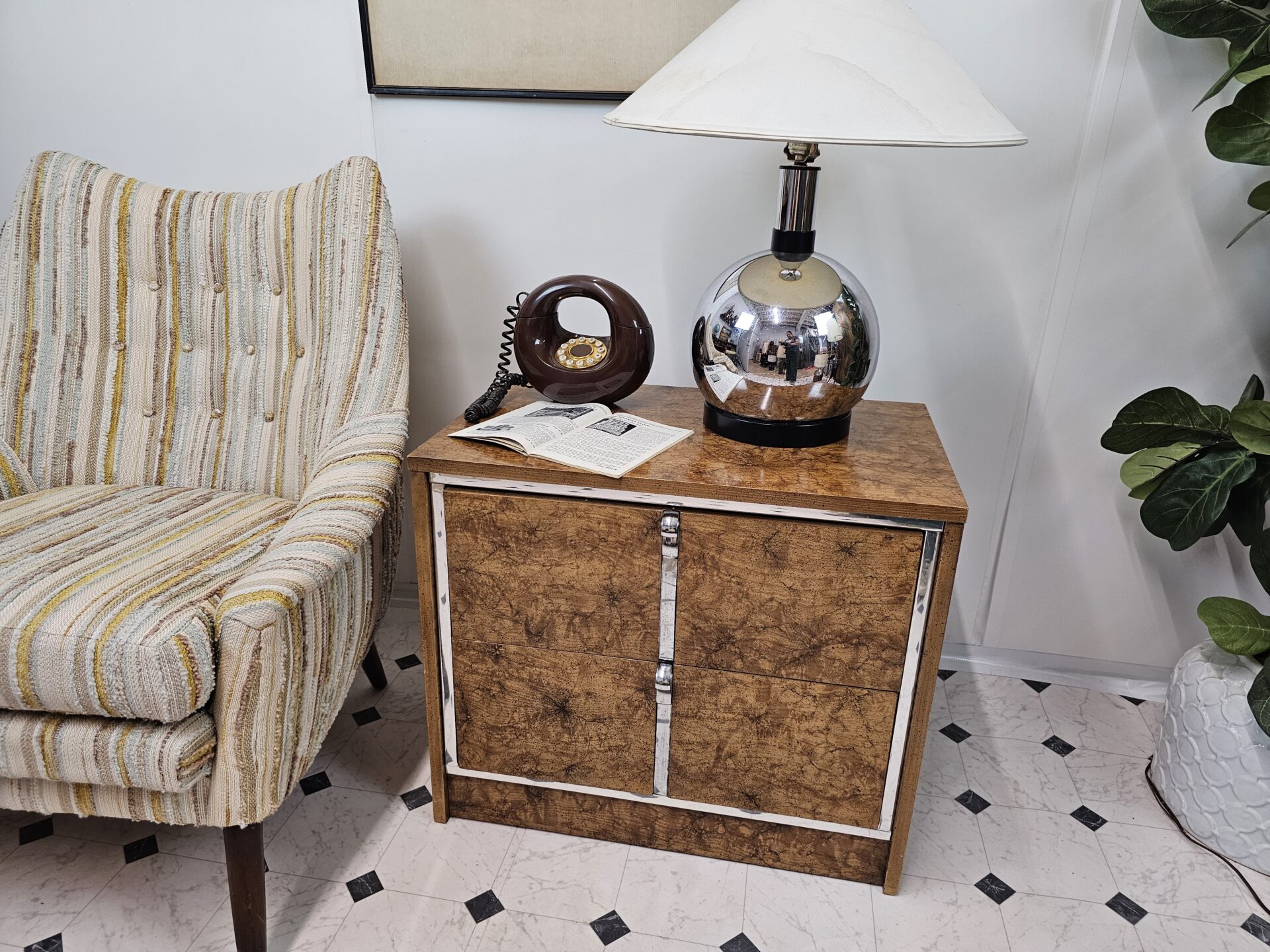 Mid-Century Modern Burlwood & Chrome Nightstand