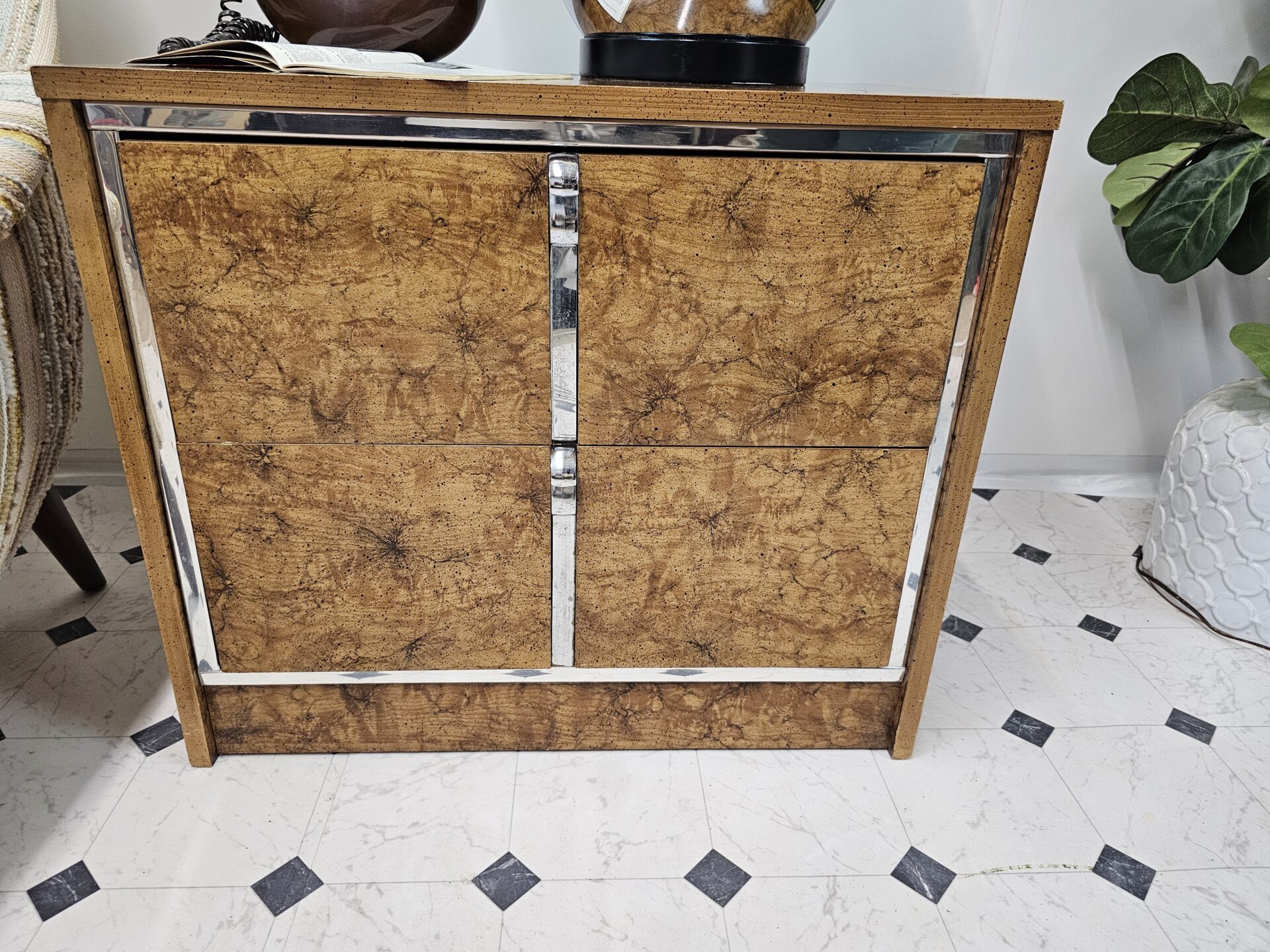 Mid-Century Modern Burlwood & Chrome Nightstand - Image 13