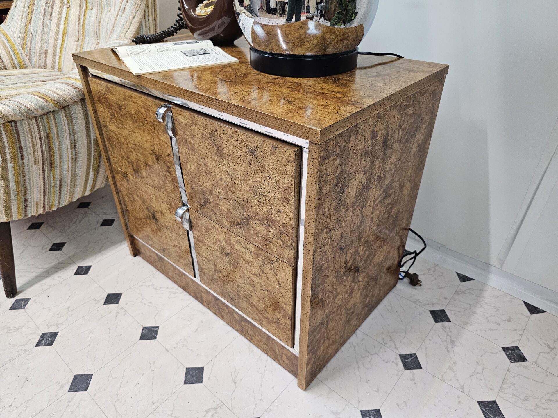 Mid-Century Modern Burlwood & Chrome Nightstand - Image 12