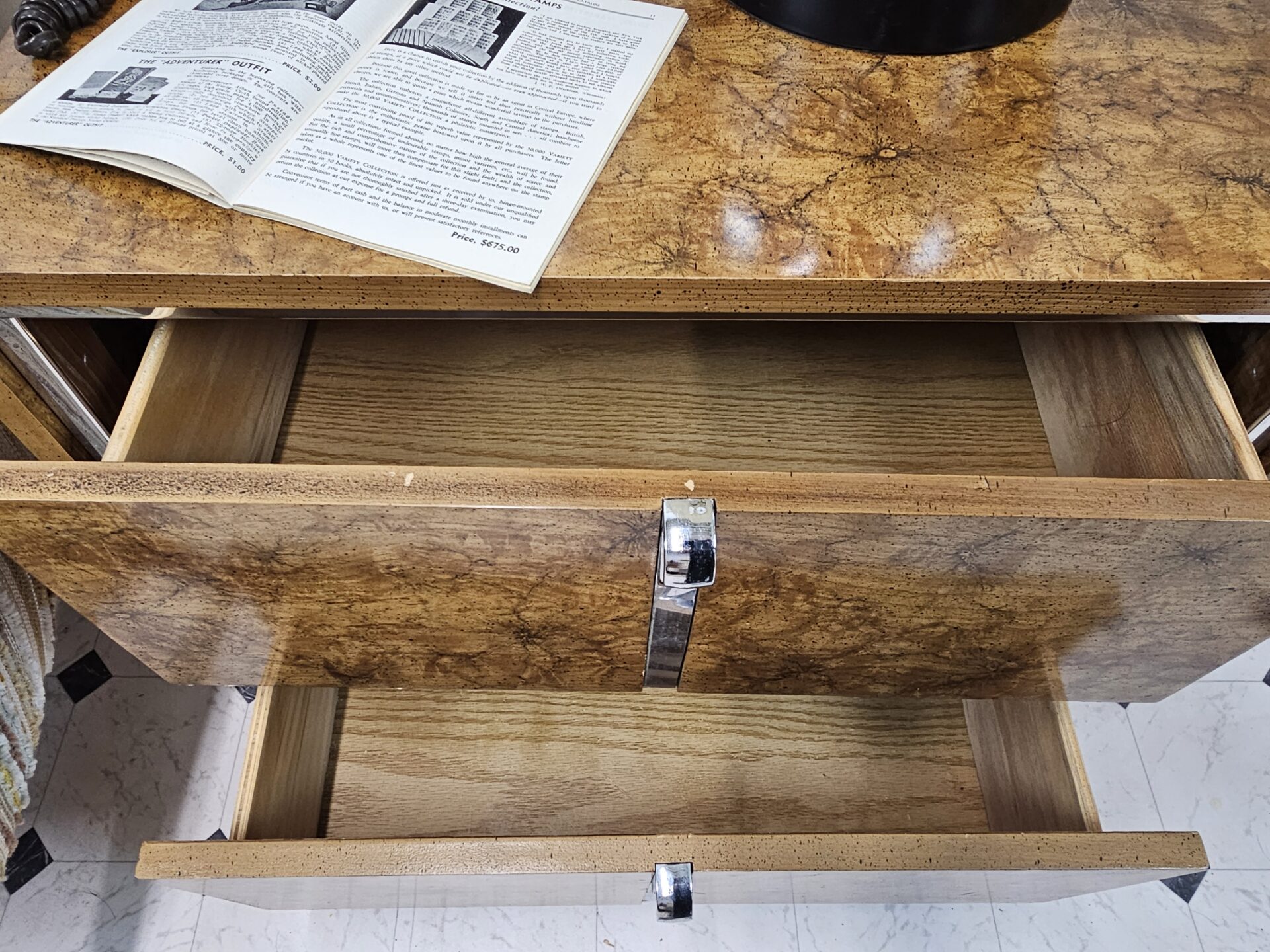 Mid-Century Modern Burlwood & Chrome Nightstand - Image 9