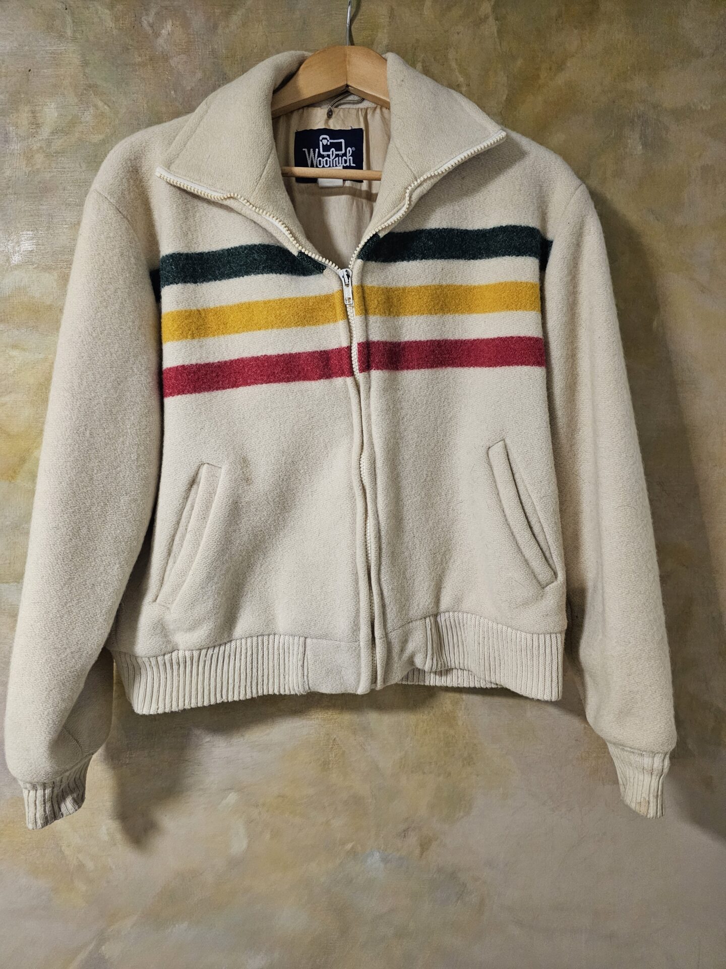 Vintage Woolrich Striped Wool Jacket – Cream 70s Zip Front Women’s Jacket - Image 2