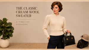 Vintage Cream Pointelle Knit Sweater – Puff Sleeve High Neck Women’s Ivory Sweater XS