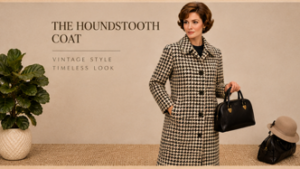 Vintage Black & White Houndstooth Coat – Tailored Above-Knee Women’s Mod Coat