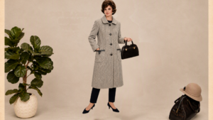Vintage Herringbone Wool Blend Coat – Black & Cream Longline Tailored Women’s Coat